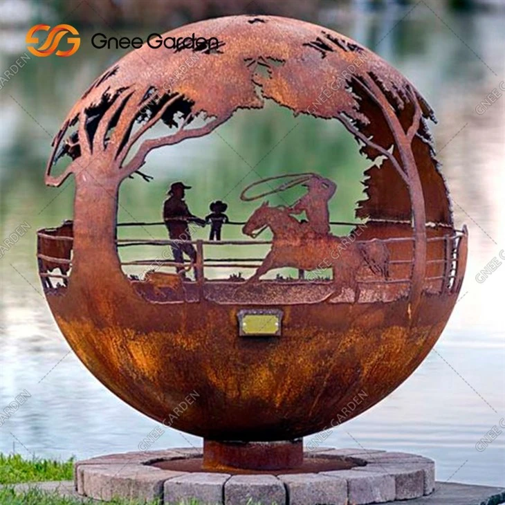 Ümmargune loom Corteni terasest Firepit Kangas Sphere Fire Brazier